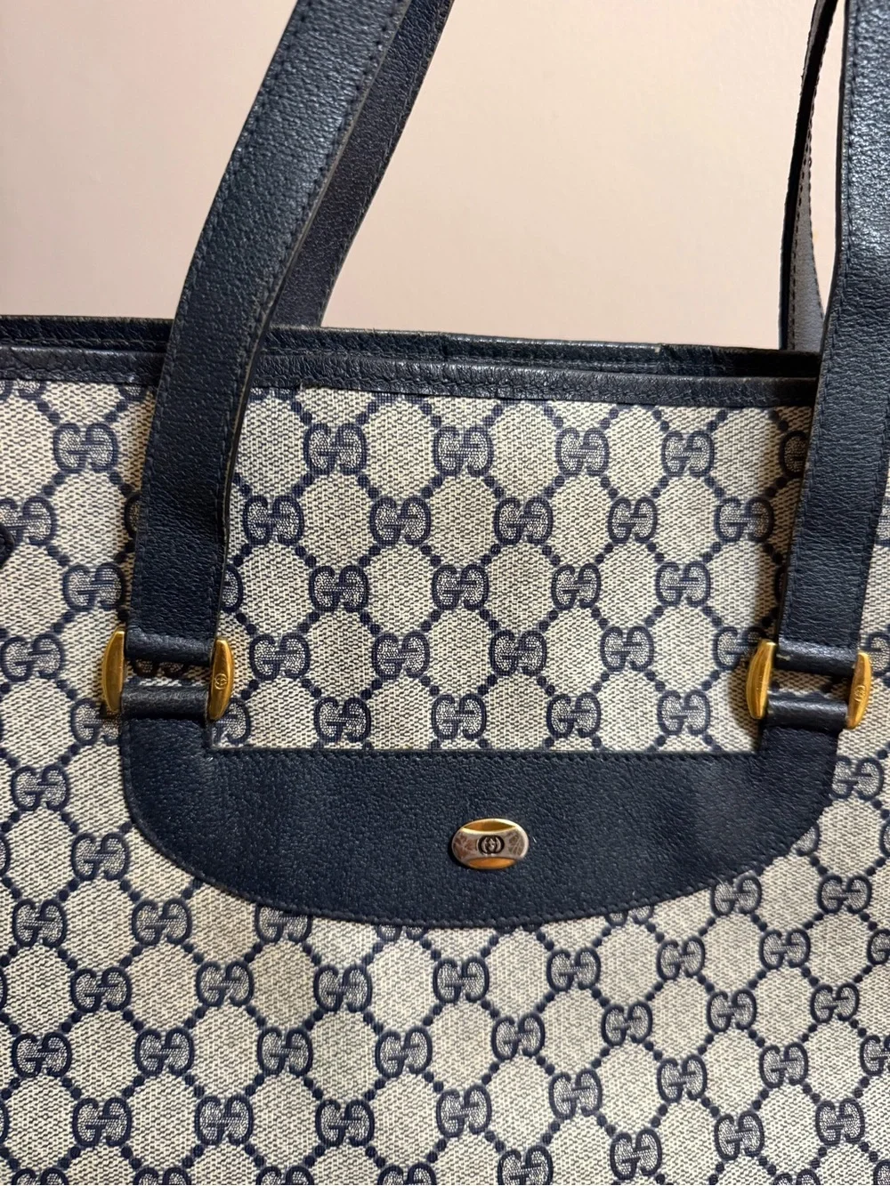 Gucci Vintage Navy Blue and Beige GG Canvas Tote